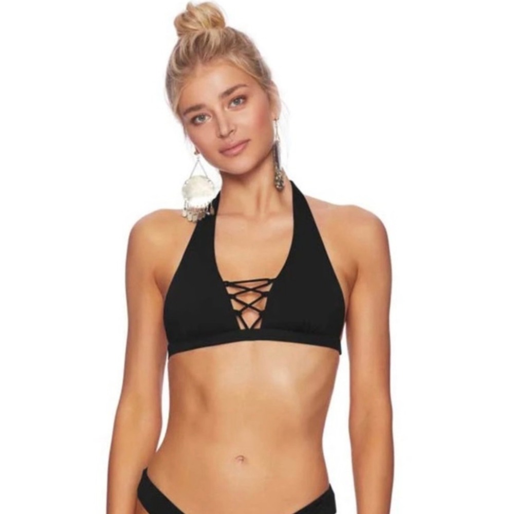 Beach‎ Bunny Swimwear Cameron Halter Bikini Top Black XXL New With Tags